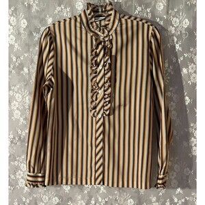Vintage 80s Stripe Blouse Size Medium Brown Blue Ruffle Mock Neck Secretary Top
